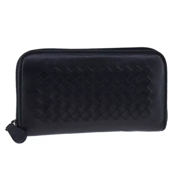 BOTTEGA VENETA INTRECCIATO Long Wallet Leather Black Auth